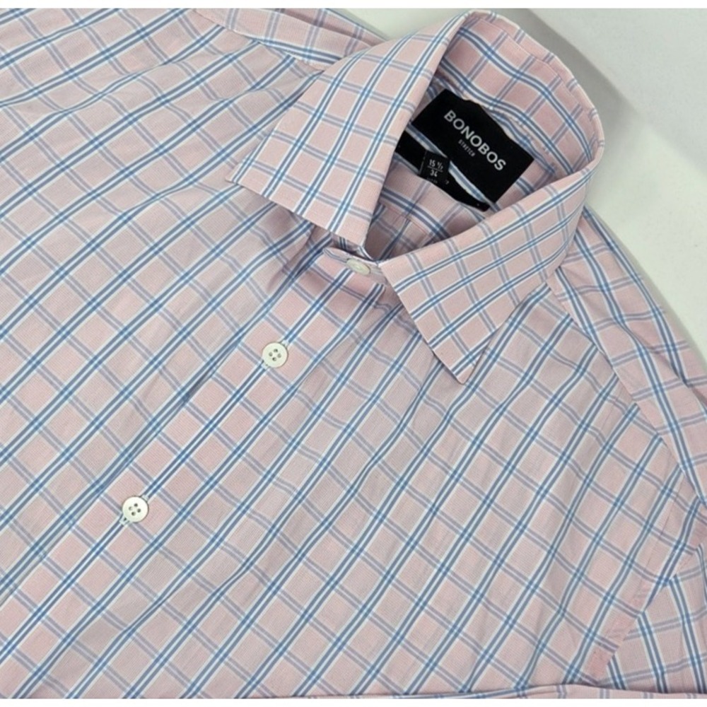 Bonobos Shirt Men's 15.5 34 Pink Windowpane Plaid Long Sleeve Button Up Stretch
